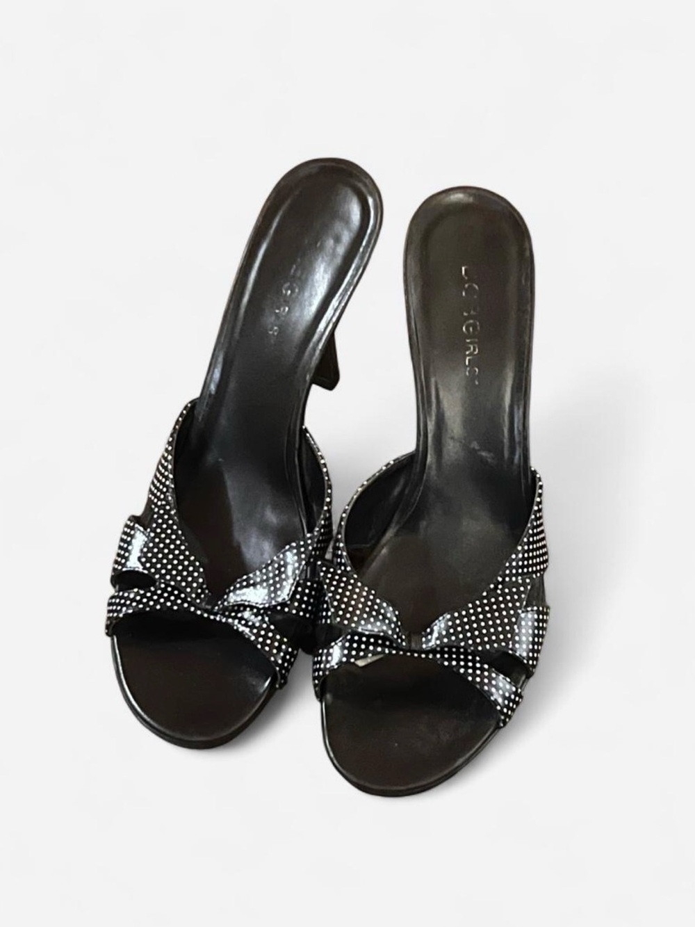 black and white polka dot heels with bow